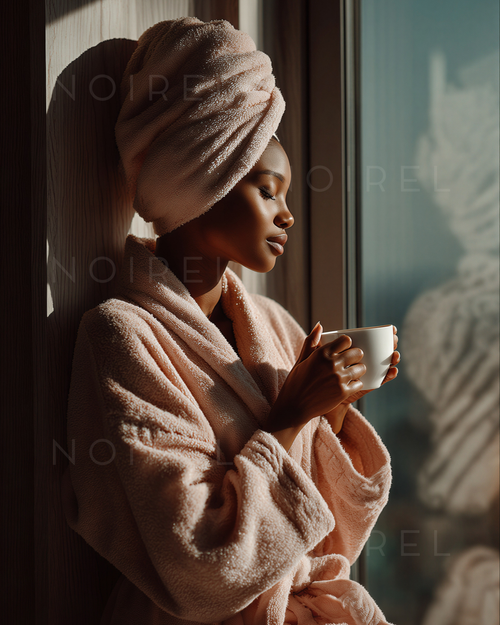 Brown terry bathrobe with matching head wrap and folded sleeves