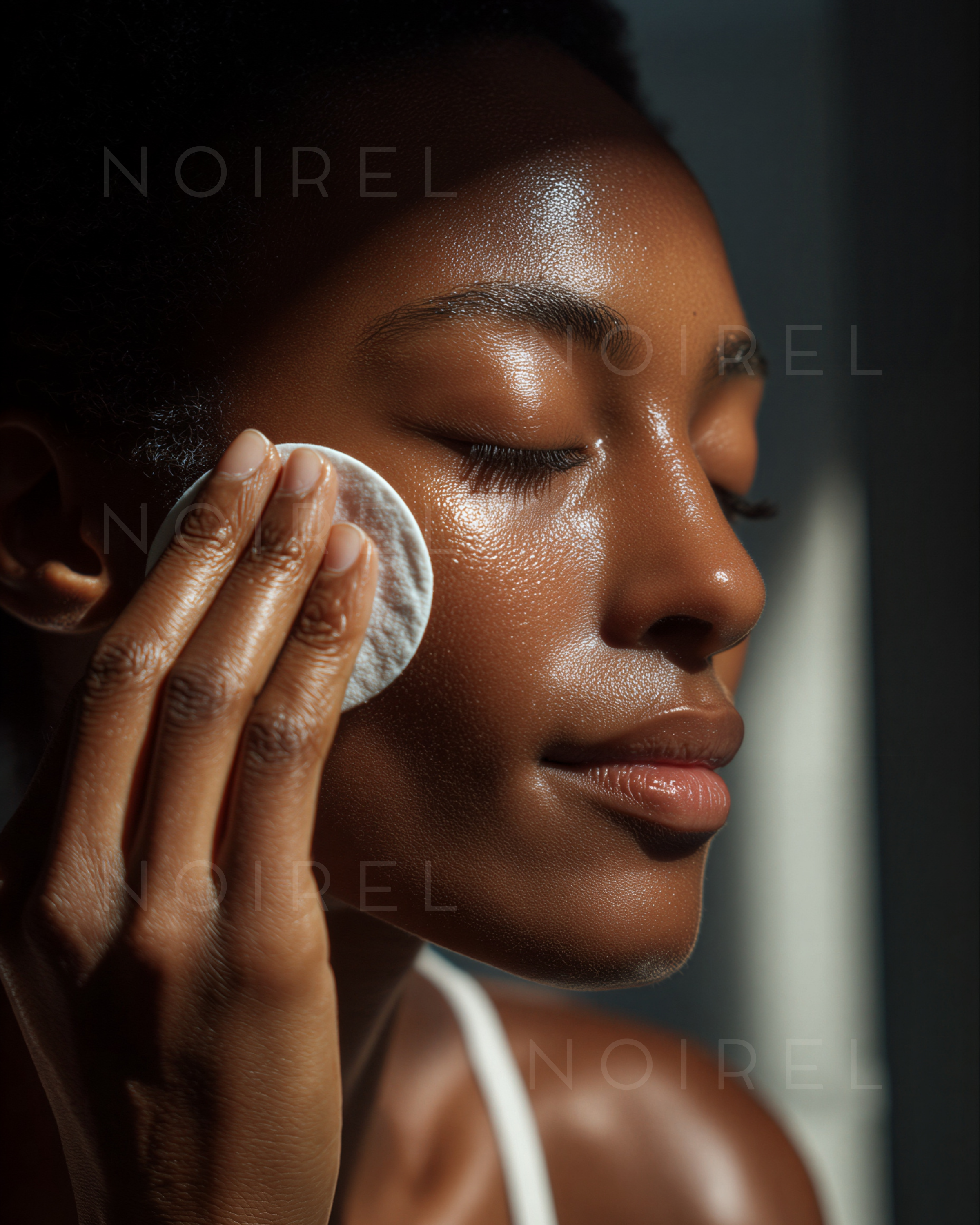 NOIREL facial skincare application—hand applying cream to cheek and forehead