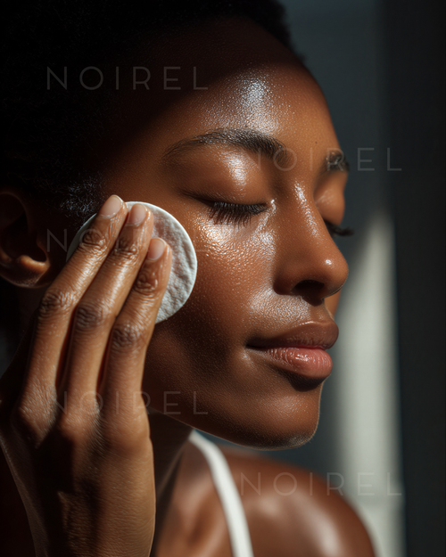 NOIREL facial skincare application—hand applying cream to cheek and forehead