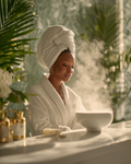 White towel head wrap and robe with rising steam