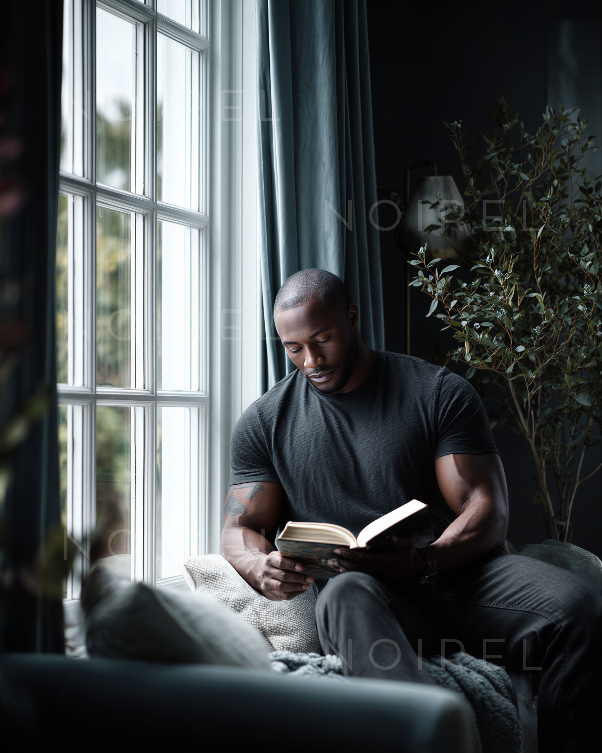 Man seated reading an open book on a couch