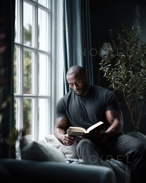 Man seated reading an open book on a couch