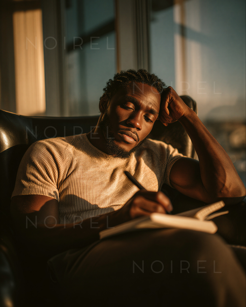 NOIREL NRL048: man in striped short-sleeve shirt resting with book