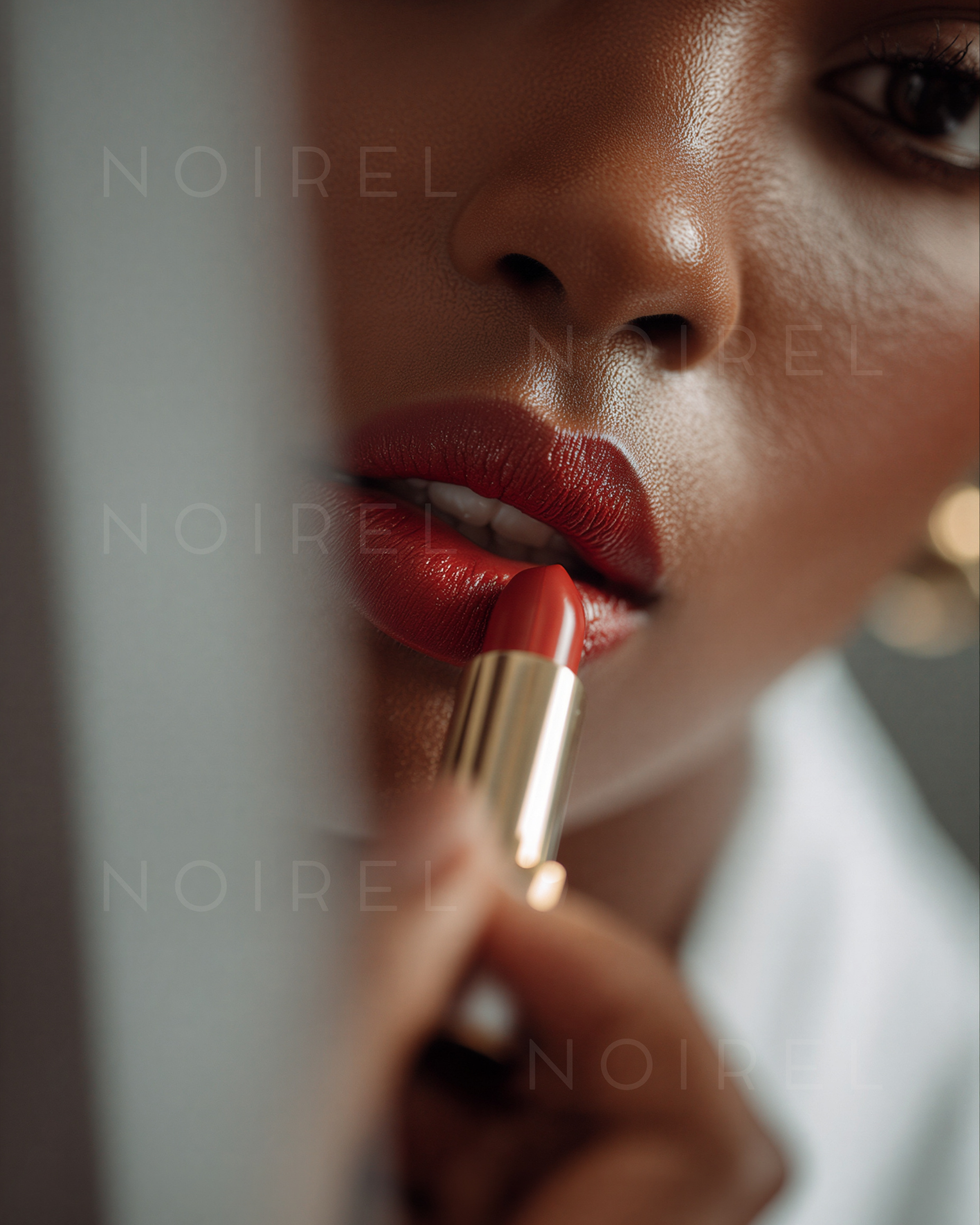 NOIREL NRL005 red lipstick application on lips, close-up of gold bullet