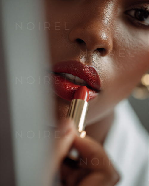 NOIREL NRL005 red lipstick application on lips, close-up of gold bullet