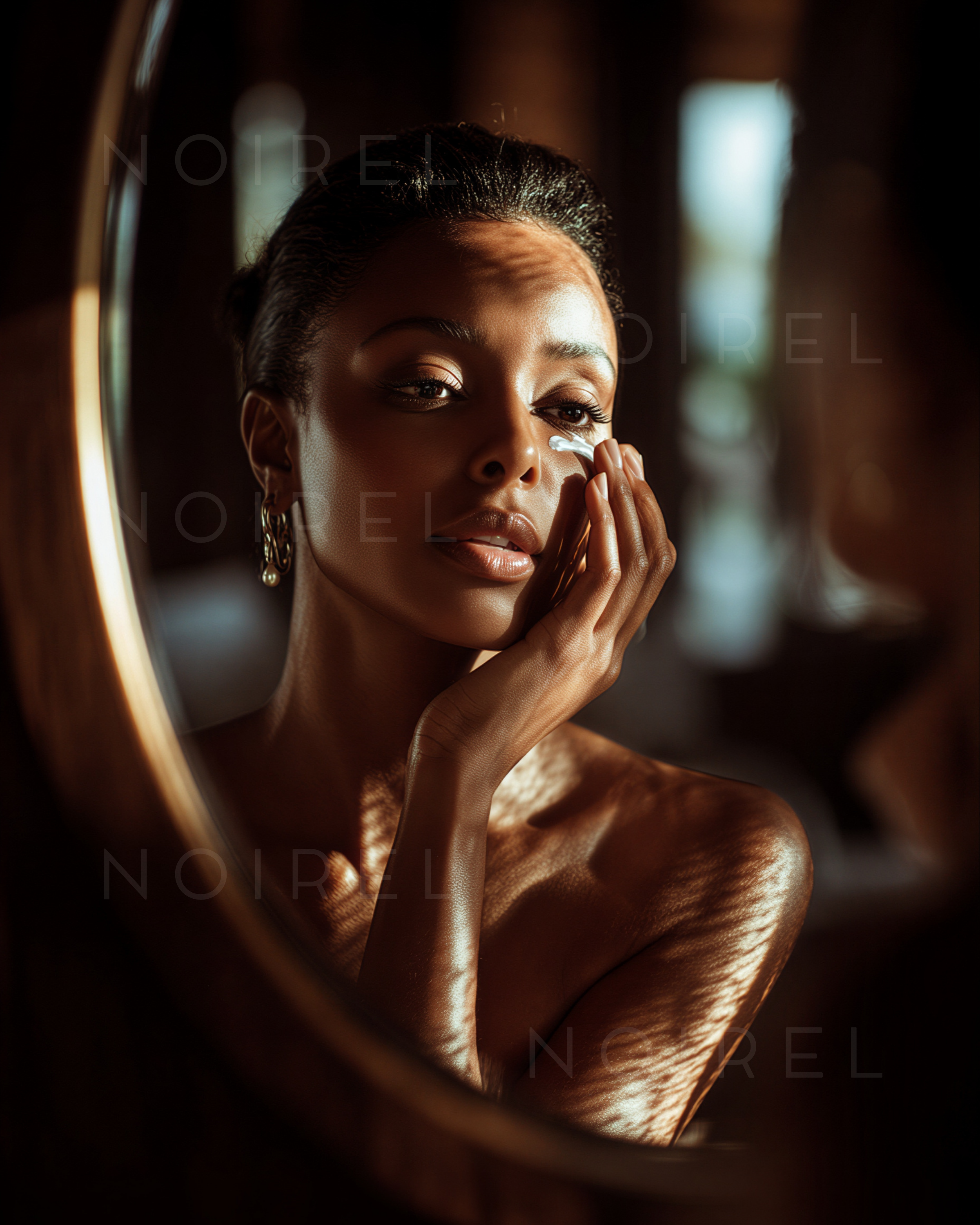 Skincare portrait: woman touching cheek, gold earrings, neutral expression