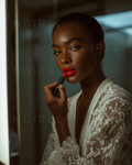 Lipstick applicator applying red lipstick