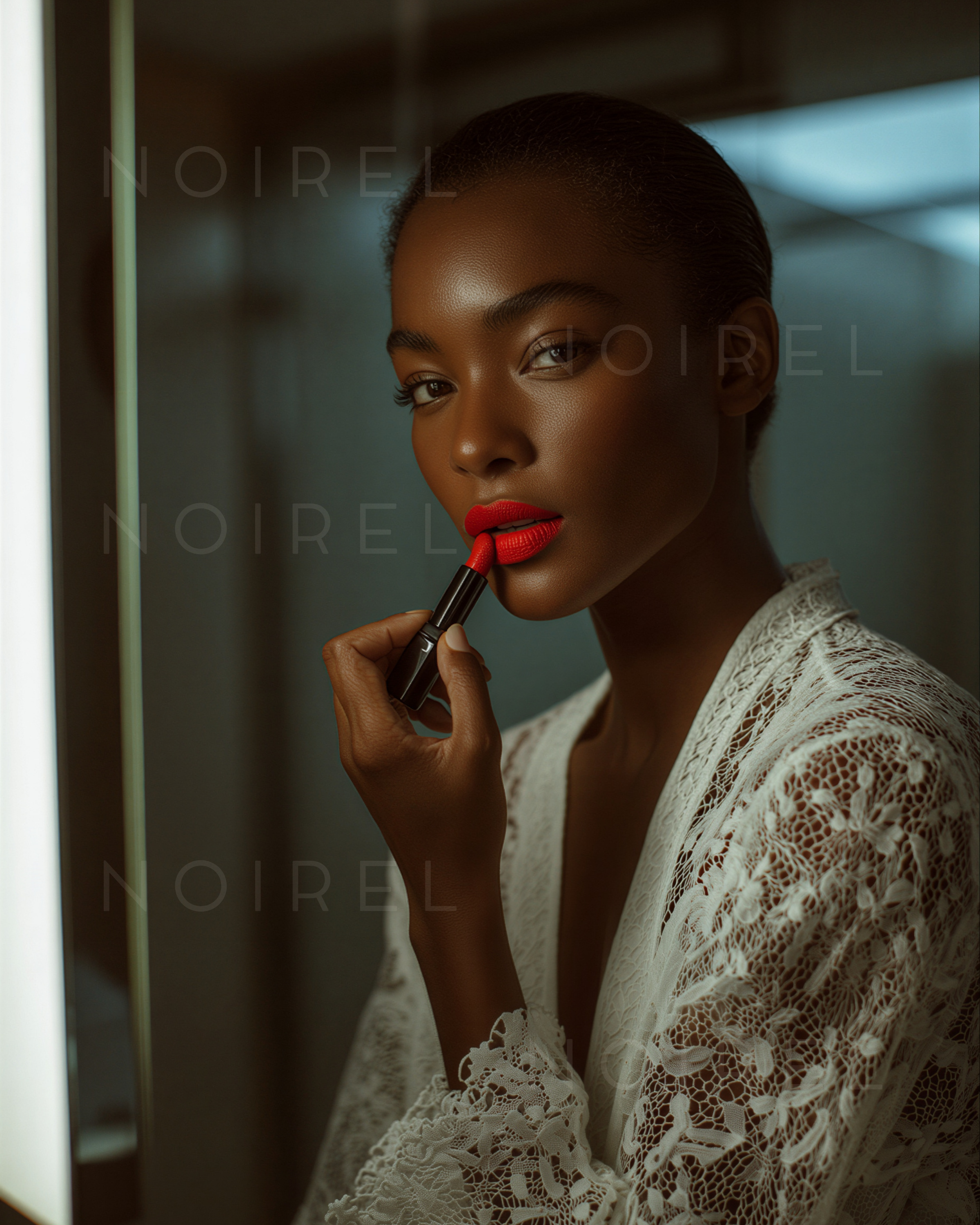 Lipstick applicator applying red lipstick