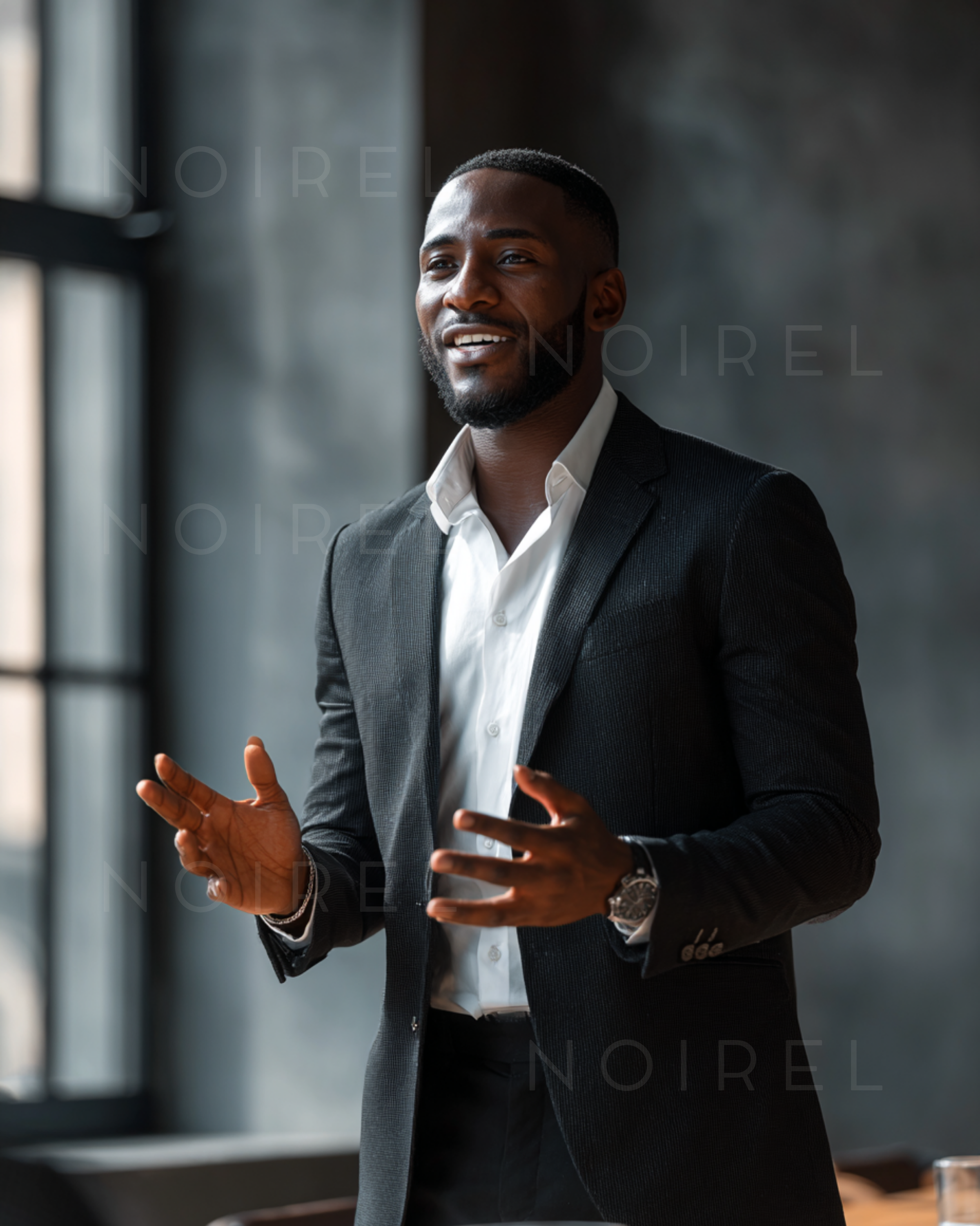 Dark blazer over white button-up shirt, long sleeves