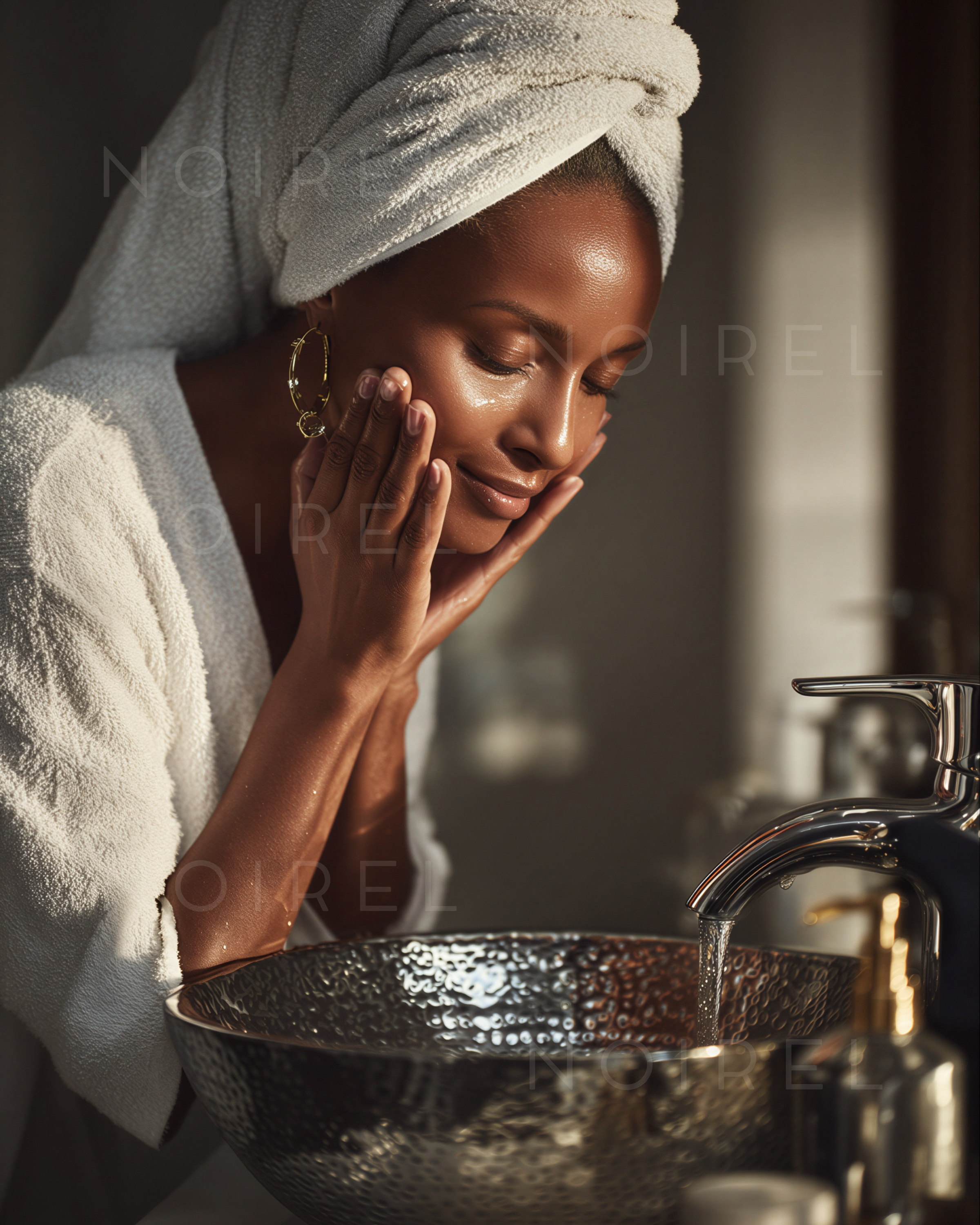 NRL007 wash basin with gold-toned faucet, towel-draped hands over bowl