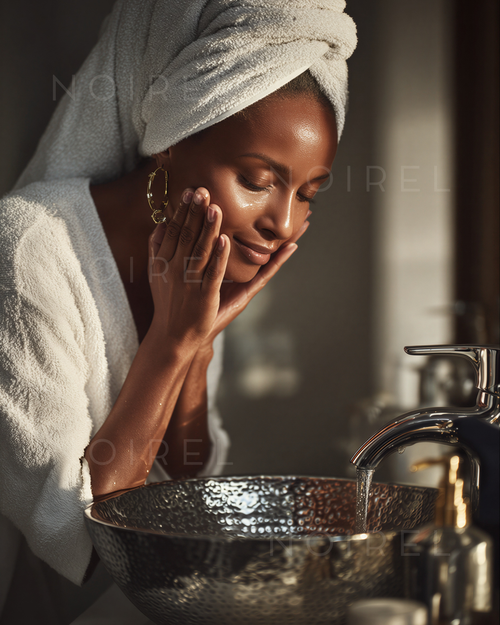NRL007 wash basin with gold-toned faucet, towel-draped hands over bowl