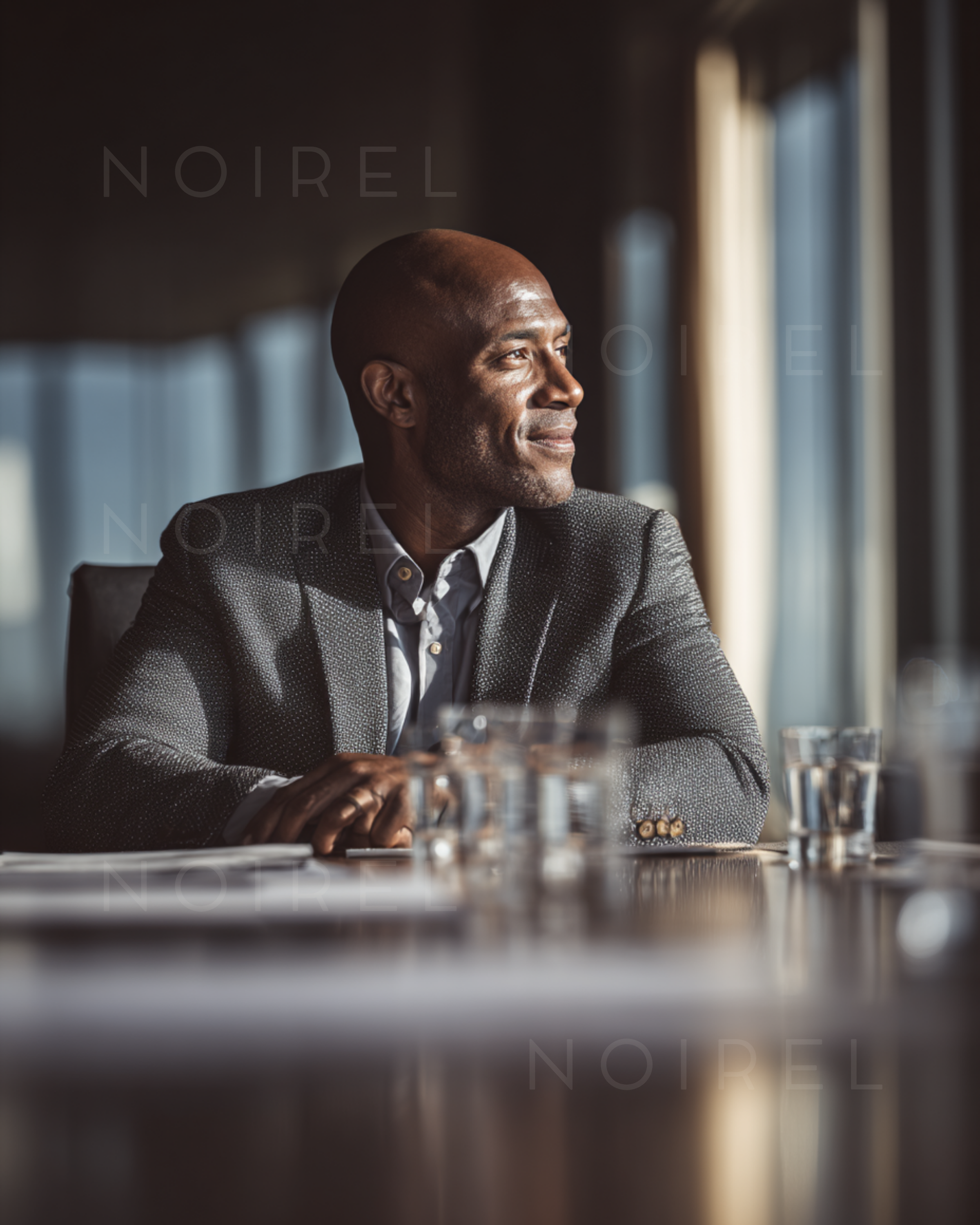 Dark textured blazer over white dress shirt, visible lapels and buttons
