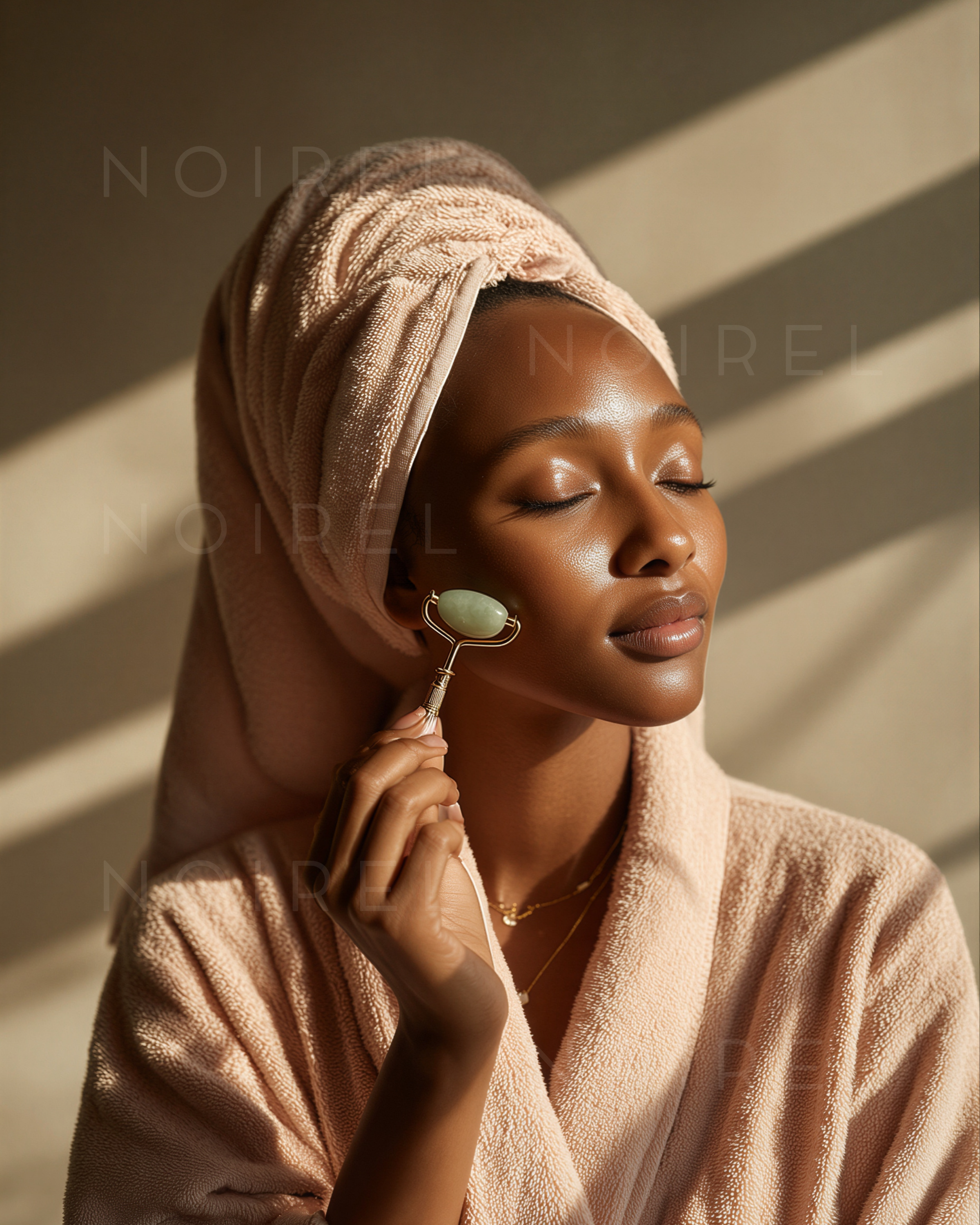 Beige satin headscarf with jade face roller on cheek.