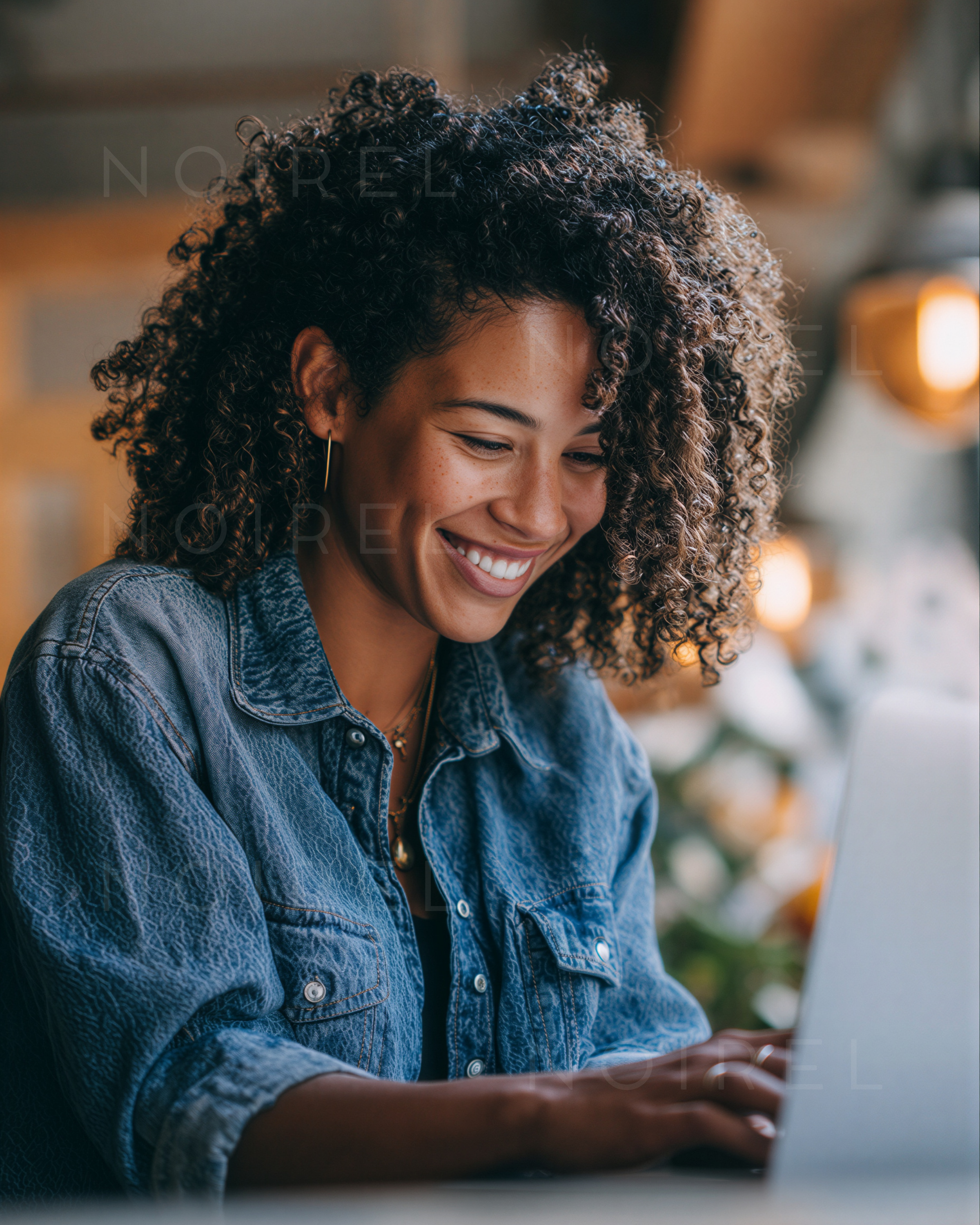 Dark blue denim jacket with button front, worn while using a laptop.