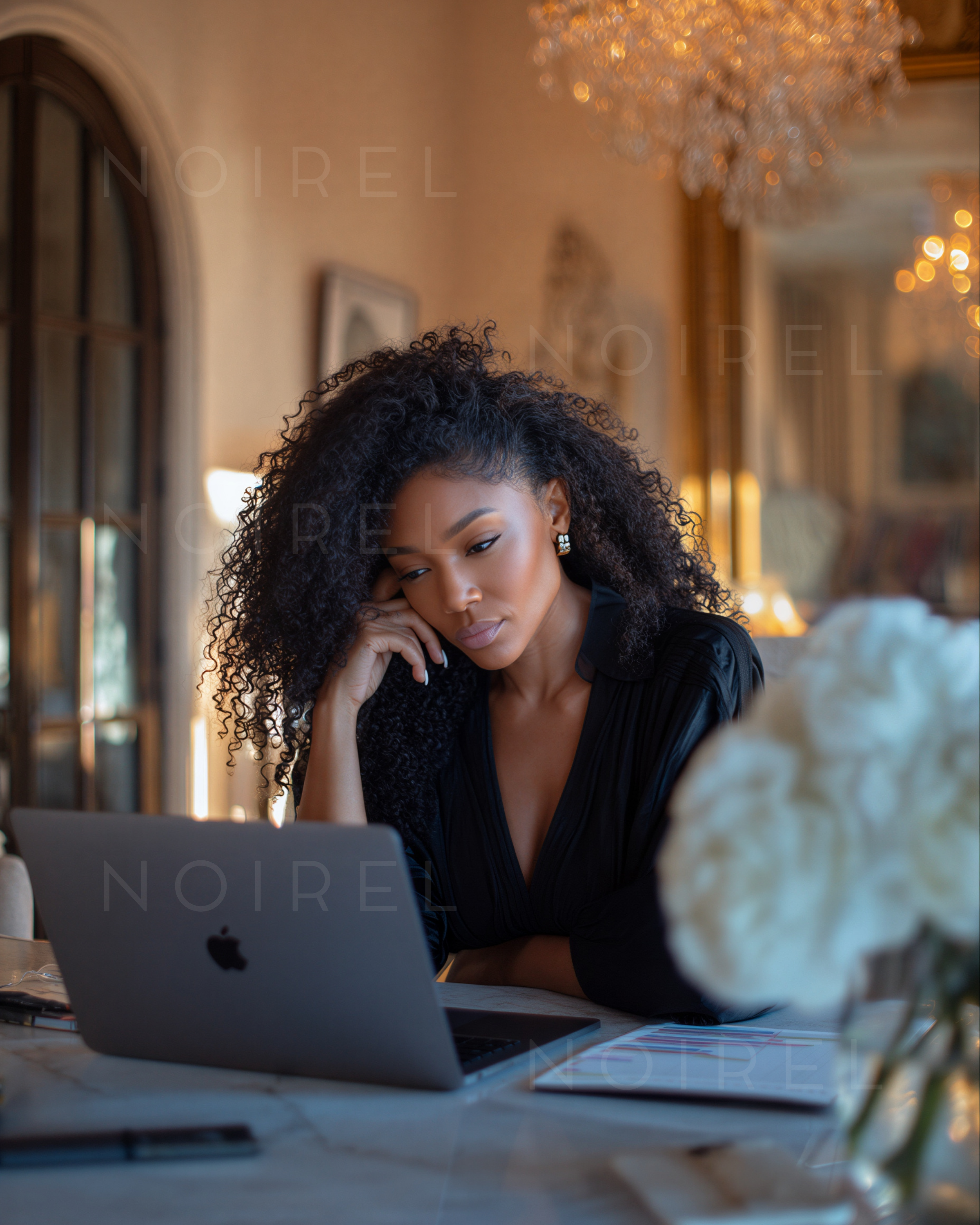 Black V-neck office blouse with long sleeves, styled with curly hair