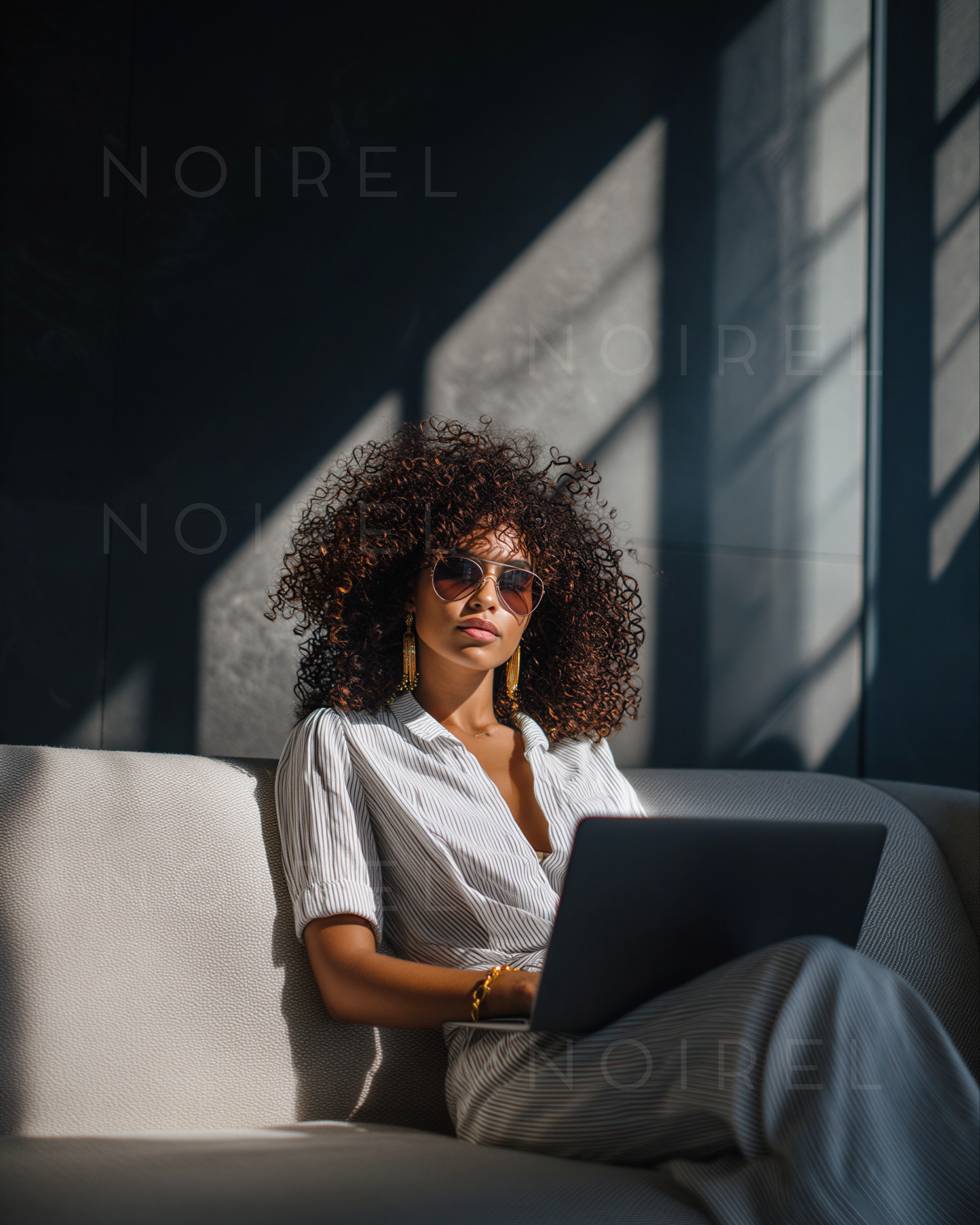 Light-and-dark vertical striped shirt and trousers on model, office style