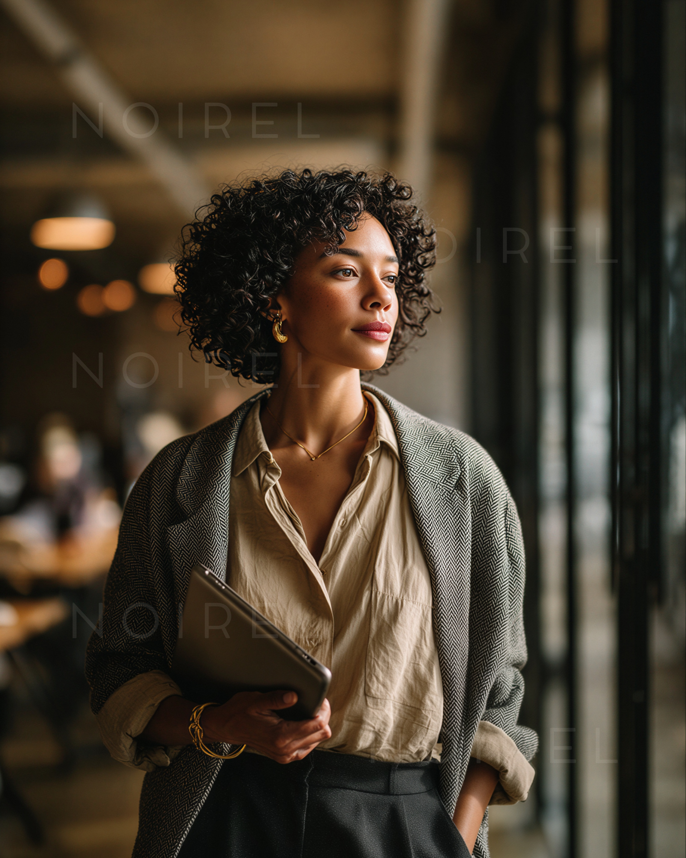 NOIREL blazer office, dark herringbone texture, draped front, open collar